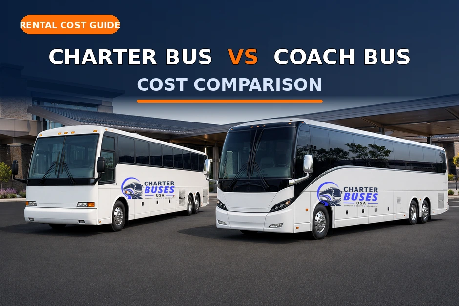 Branded charter bus and premium coach bus parked side by side for a rental cost comparison