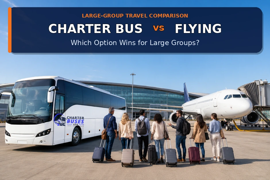 Branded charter bus compared with a commercial airplane for large-group travel
