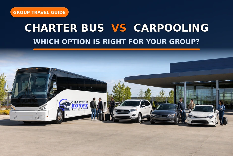 Branded charter bus compared with three passenger cars to help groups choose between charter bus rental and carpooling