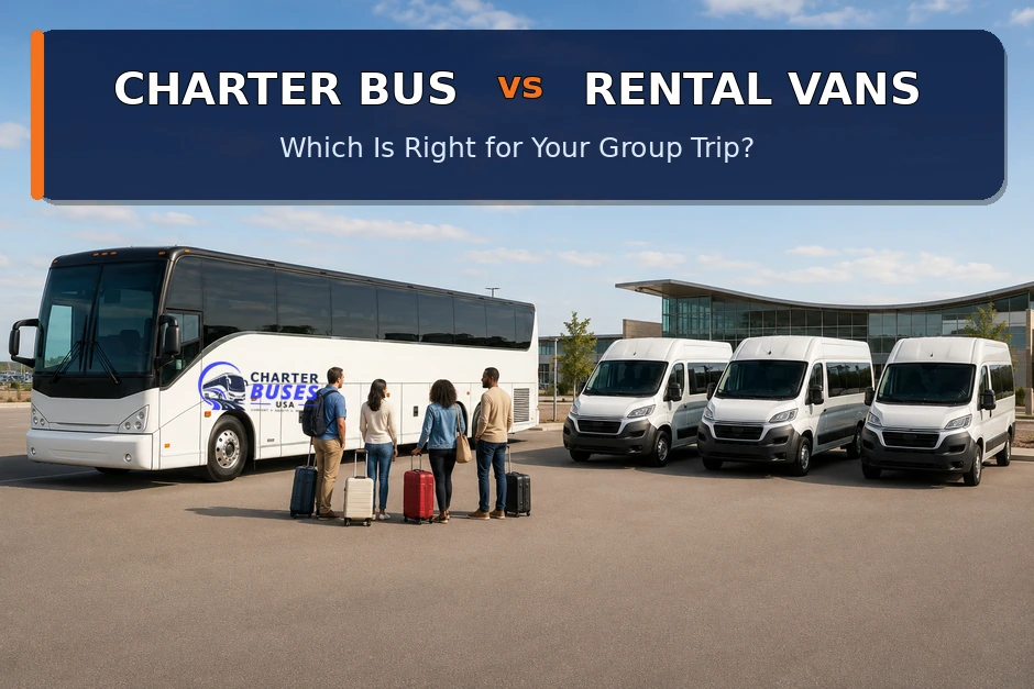 Branded full-size charter bus compared with three rental vans for group transportation