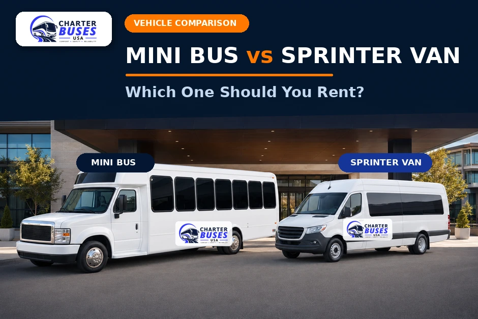 Branded mini bus and Sprinter van parked side by side for a charter vehicle rental comparison