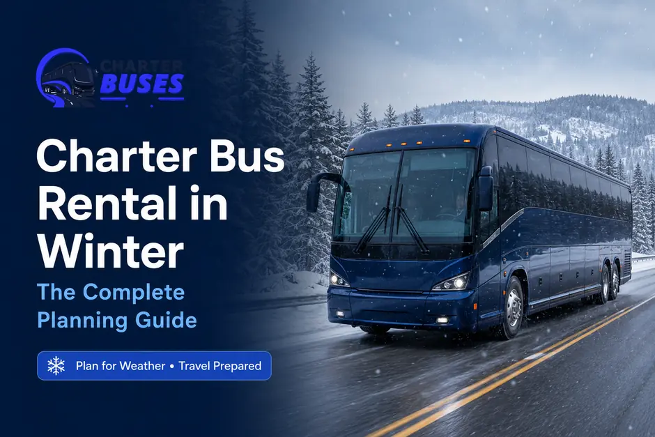 Charter bus driving safely on a cleared snowy road during winter group travel