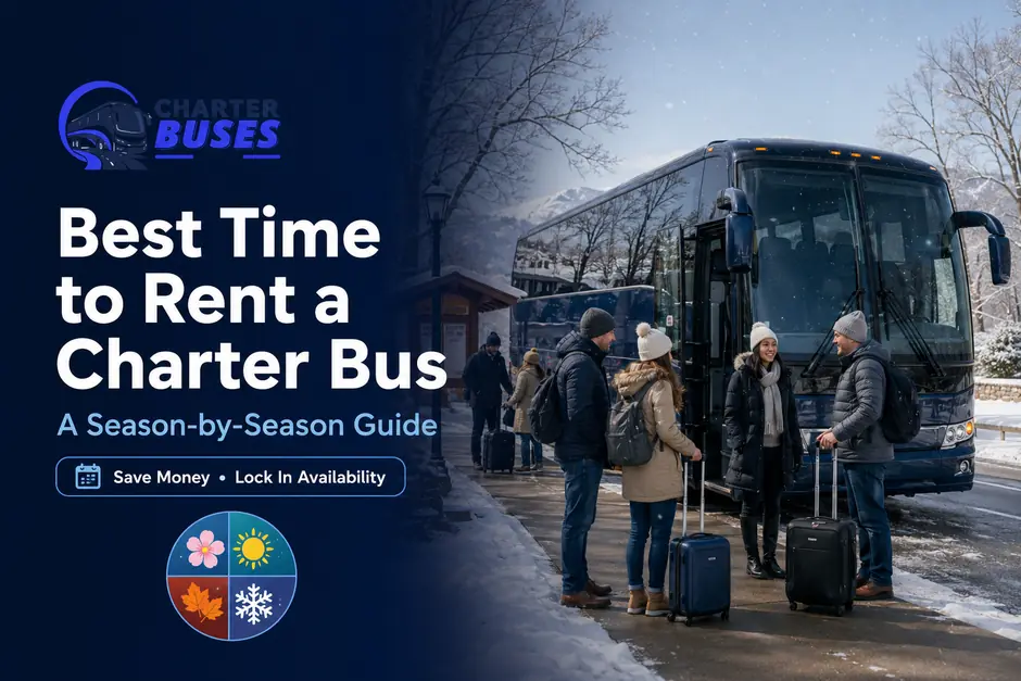 Charter bus parked at a winter roadside pickup point, illustrating off-peak seasonal rental planning