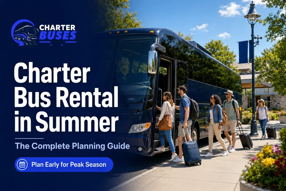 Charter bus parked outside on a sunny summer day while passengers board for a group trip