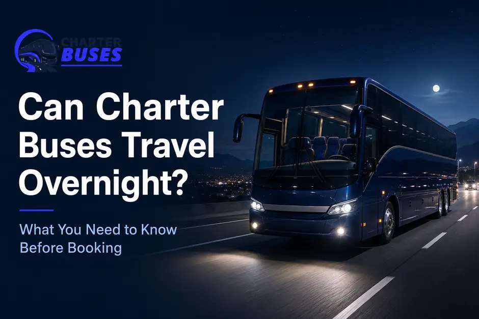 Charter bus traveling safely on a highway at night with headlights illuminating the road