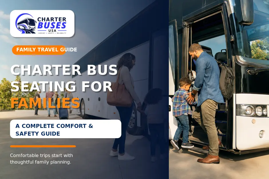 Family with young children safely boarding a charter bus for a comfortable group trip