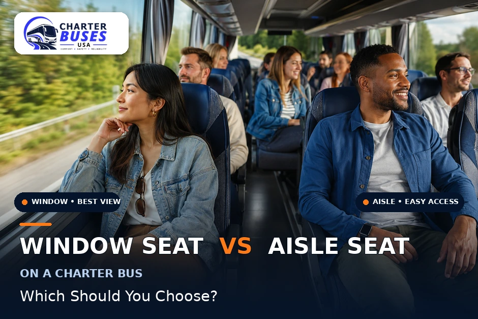 Passengers comparing window and aisle seats inside a charter bus during a group trip