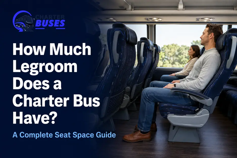Spacious rows of reclining seats inside a modern charter bus showing the available passenger legroom