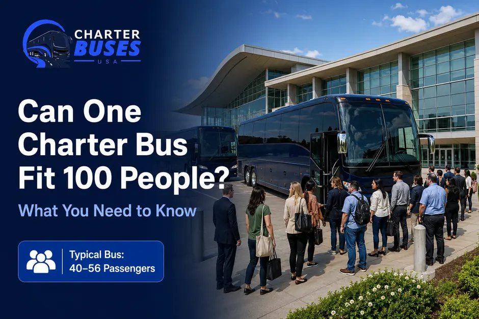 Two charter buses transporting a large group of up to 100 passengers outside a convention center