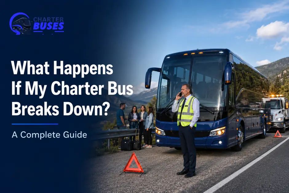 Charter bus parked safely on a roadside shoulder after a mechanical breakdown with the driver contacting roadside assistance.
