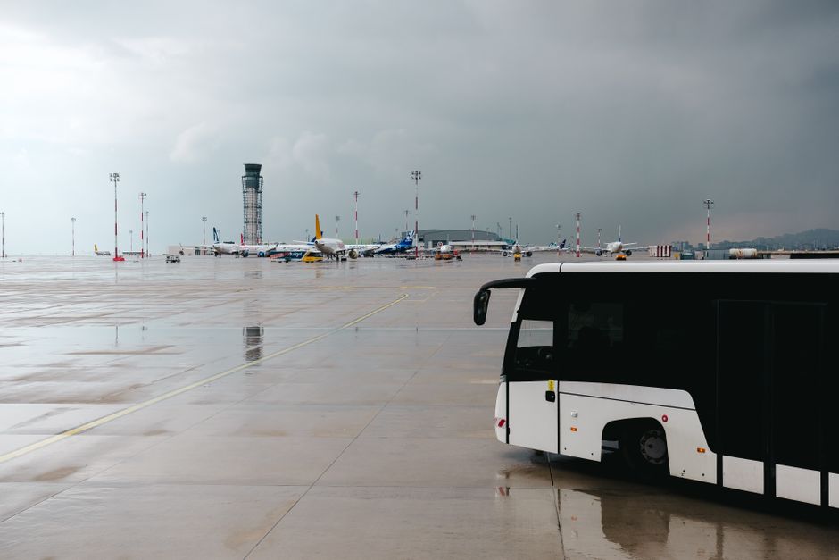 Charter bus parked outside during a seasonal travel booking period