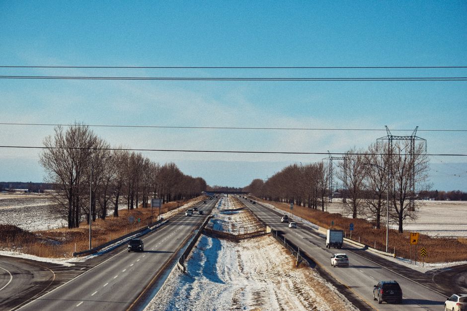 Charter bus traveling on a highway crossing state lines