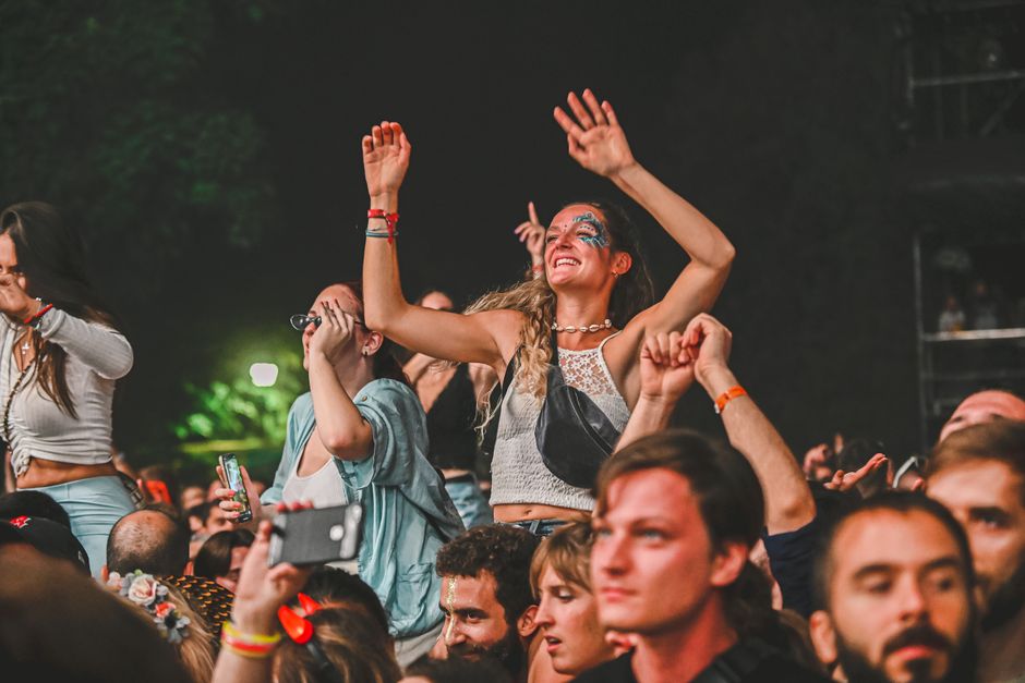 Group of friends enjoying a music festival together with the crowd and stage in the background