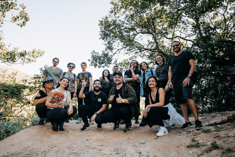 Group of friends sharing a travel lifestyle experience together outdoors